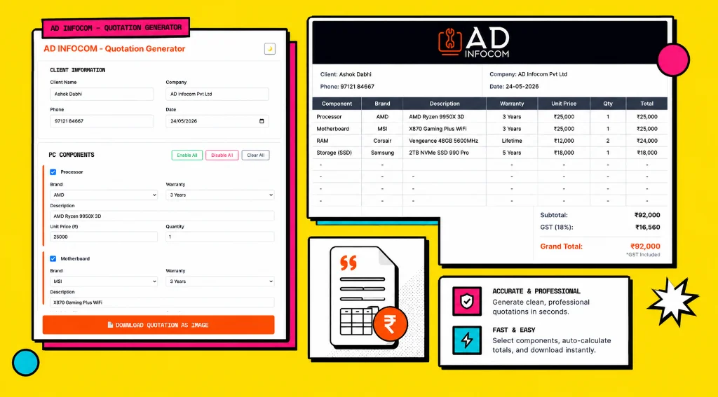 ADInfocom Quote Generator — Business quotation tool built with React and Tailwind CSS
