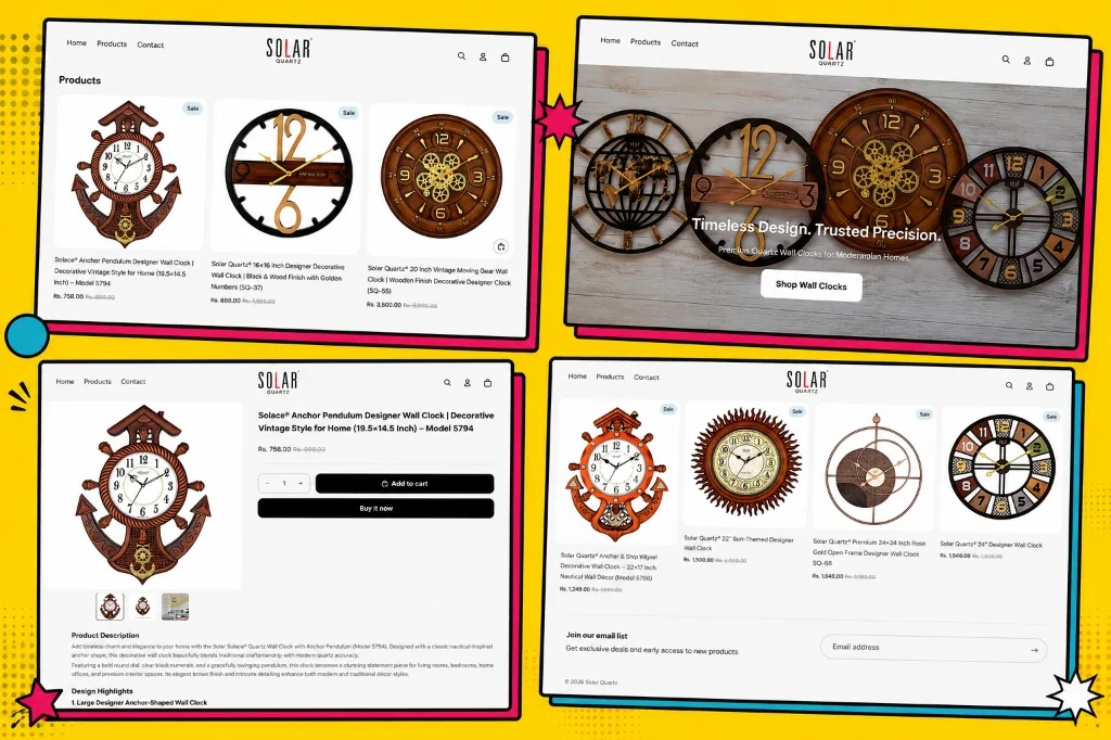 Solar Quartz — Premium decorative wall clocks Shopify store with Amazon listing and digital marketing