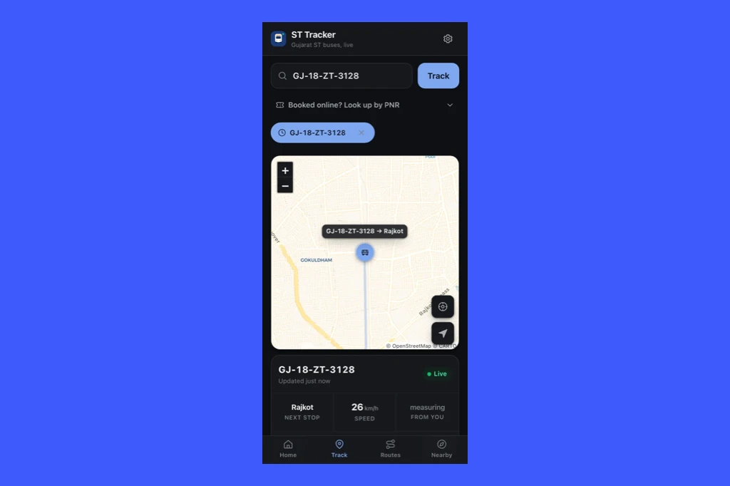 ST Tracker — Live Gujarat ST (GSRTC) bus tracking PWA built with Node.js, SQLite and Web Push